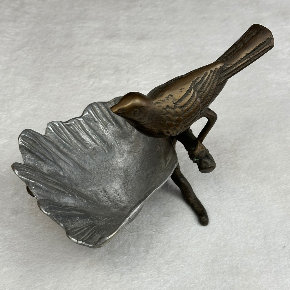 European 20th Century Bronze Bird on Leaf-Shaped Pewter trinket dish or Inkwella